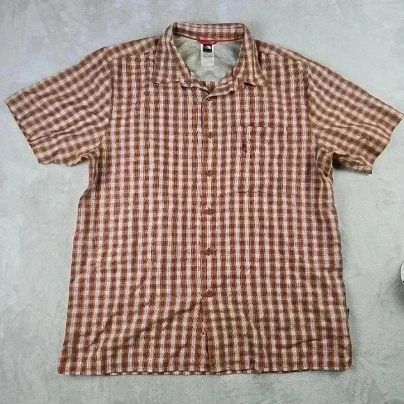 The North Face Men’s Large Button Up Shirt Short Sleeve Orange Plaid Pockets - Picture 1 of 6